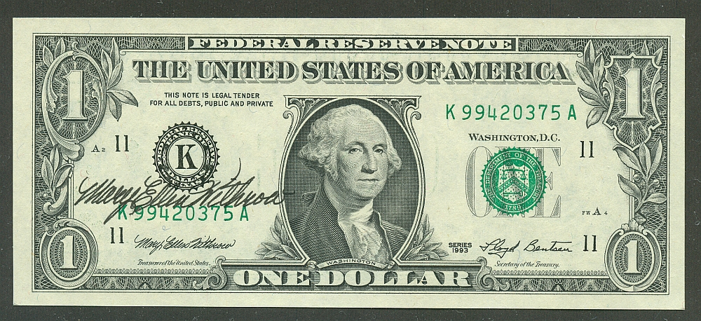 1993 $1 FRN, Courtesy Autograph: Mary Ellen Withrow, Treasurer of the United States, Gem CU